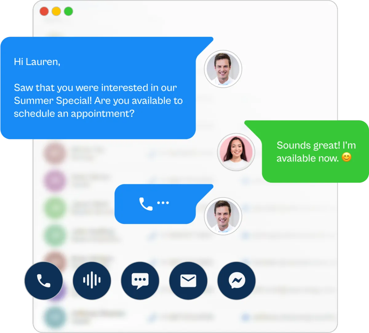 Messaging interface showing automated conversations with leads, appointment booking, and multi-channel communication